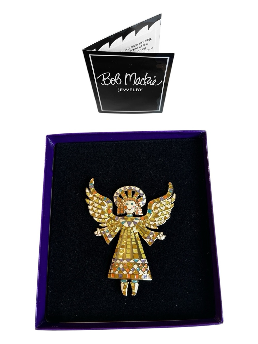 NIB Vintage Bob Mackie Signed Gold Plated Guardian Angel Mosaic Pin Brooch
